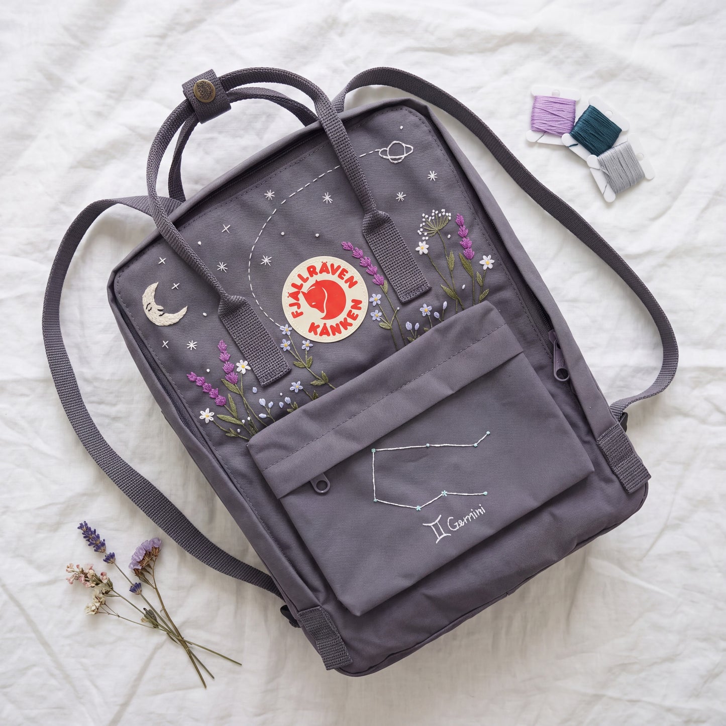 Personalized Fjallraven Kanken Backpack | Gemini Zodiac Embroidered Backpack | Moon & Stars Celestial Kanken Bag | Lavender Backpack