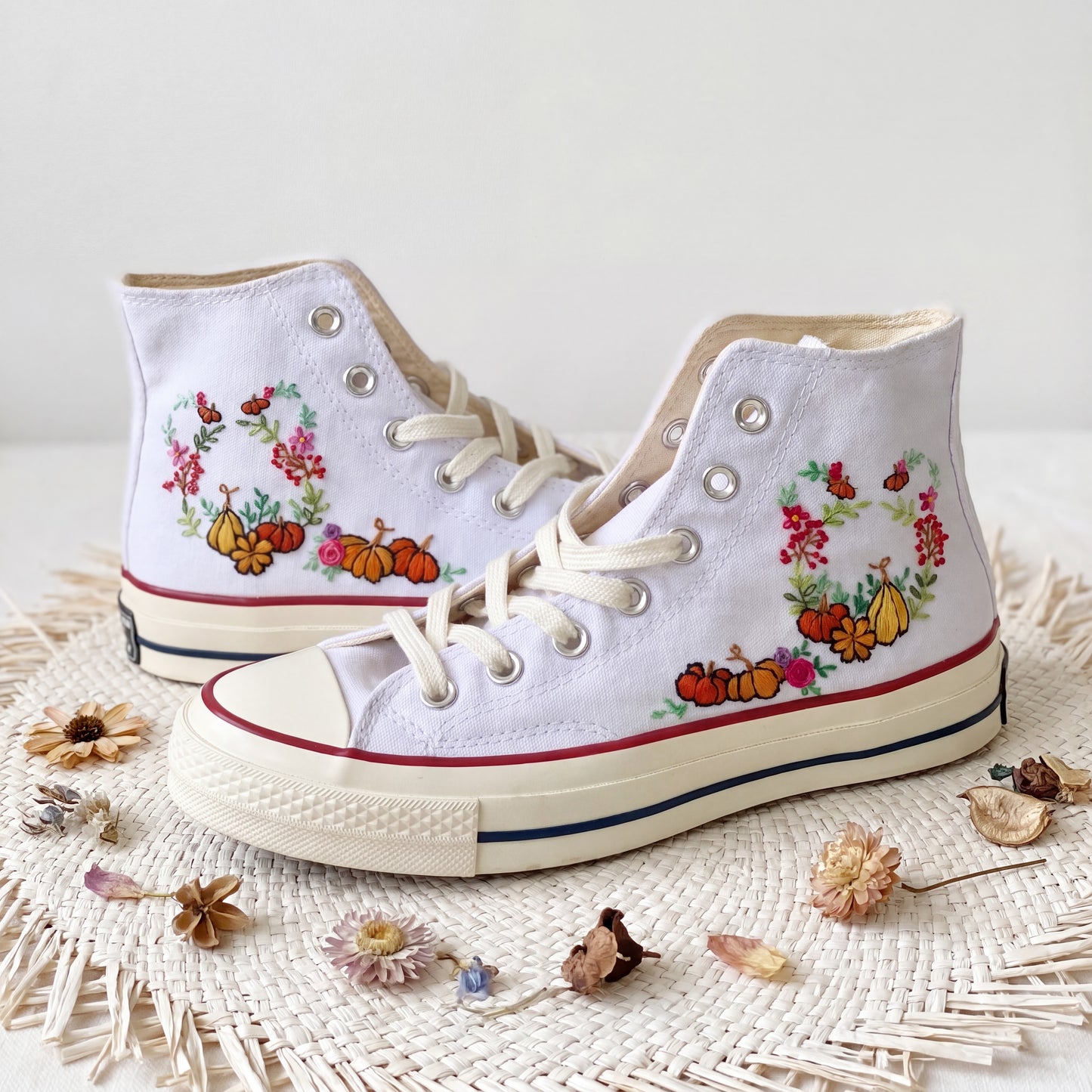 Hand Embroidered Autumn Pumpkin Converse High Top Sneakers | Custom White Converse Shoes | Handmade Fall Floral Canvas Shoes