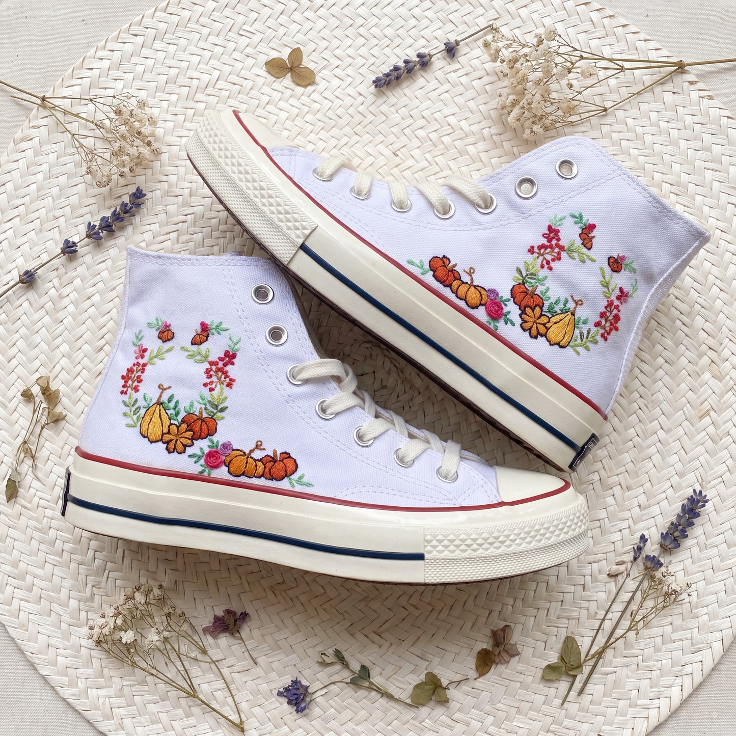 Hand Embroidered Autumn Pumpkin Converse High Top Sneakers | Custom White Converse Shoes | Handmade Fall Floral Canvas Shoes