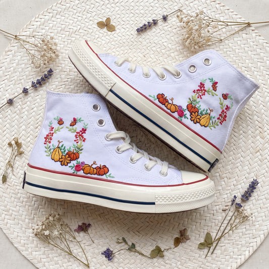 Hand Embroidered Autumn Pumpkin Converse High Top Sneakers | Custom White Converse Shoes | Handmade Fall Floral Canvas Shoes