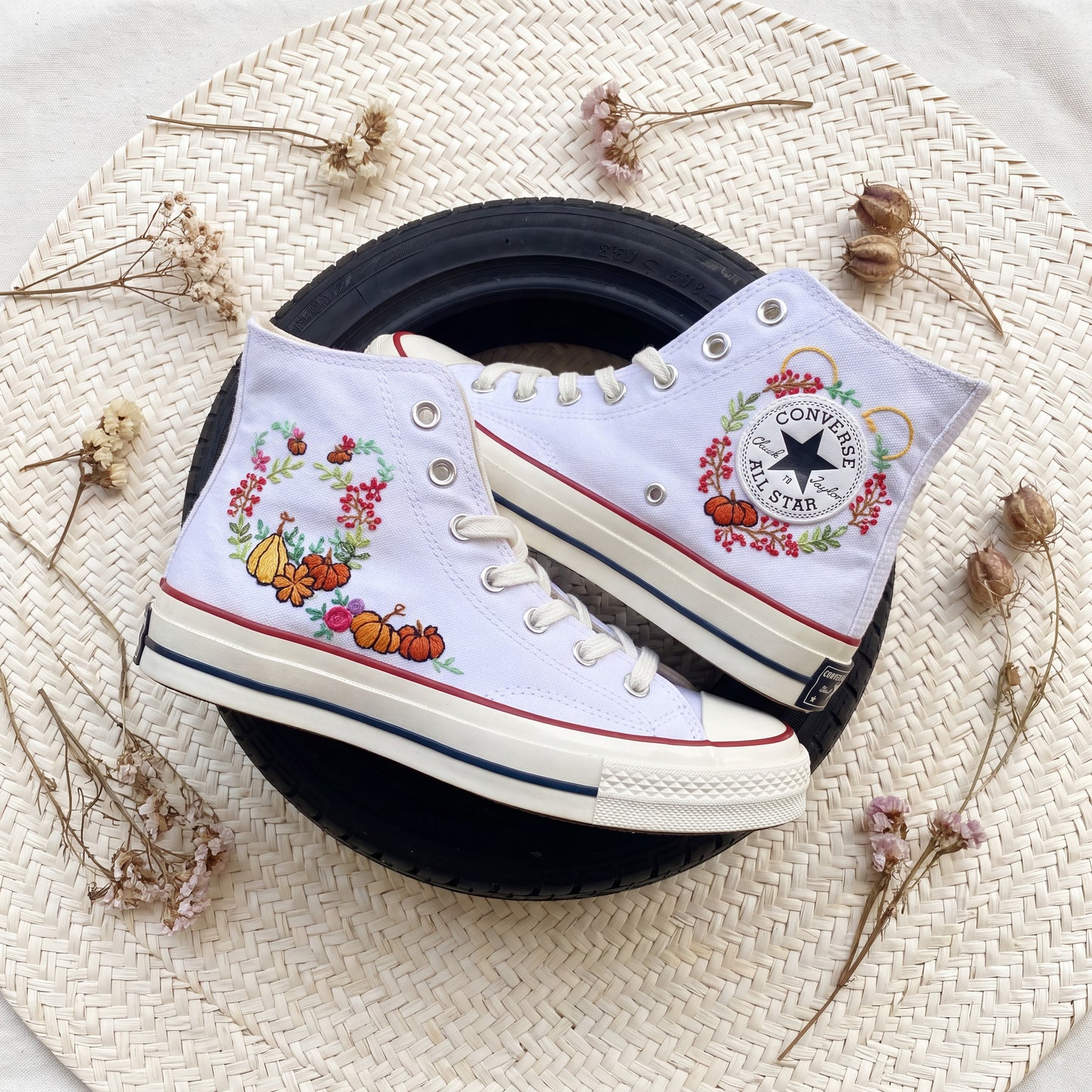 Hand Embroidered Autumn Pumpkin Converse High Top Sneakers | Custom White Converse Shoes | Handmade Fall Floral Canvas Shoes