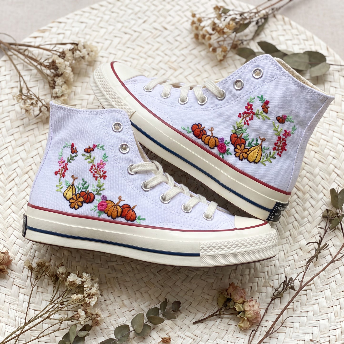 Hand Embroidered Autumn Pumpkin Converse High Top Sneakers | Custom White Converse Shoes | Handmade Fall Floral Canvas Shoes