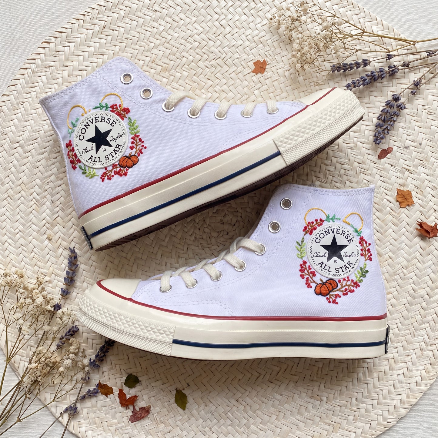Hand Embroidered Autumn Pumpkin Converse High Top Sneakers | Custom White Converse Shoes | Handmade Fall Floral Canvas Shoes