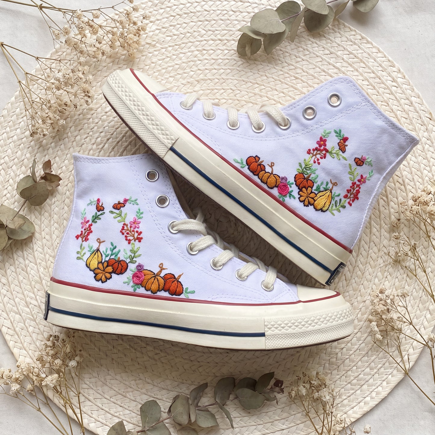 Hand Embroidered Autumn Pumpkin Converse High Top Sneakers | Custom White Converse Shoes | Handmade Fall Floral Canvas Shoes