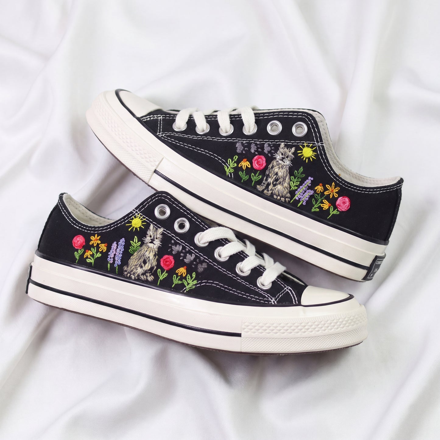 Hand Embroidered Black Low Top Converse Sneakers | Personalized Cat Floral Canvas Shoes | Custom Name Gift for Cat Lovers