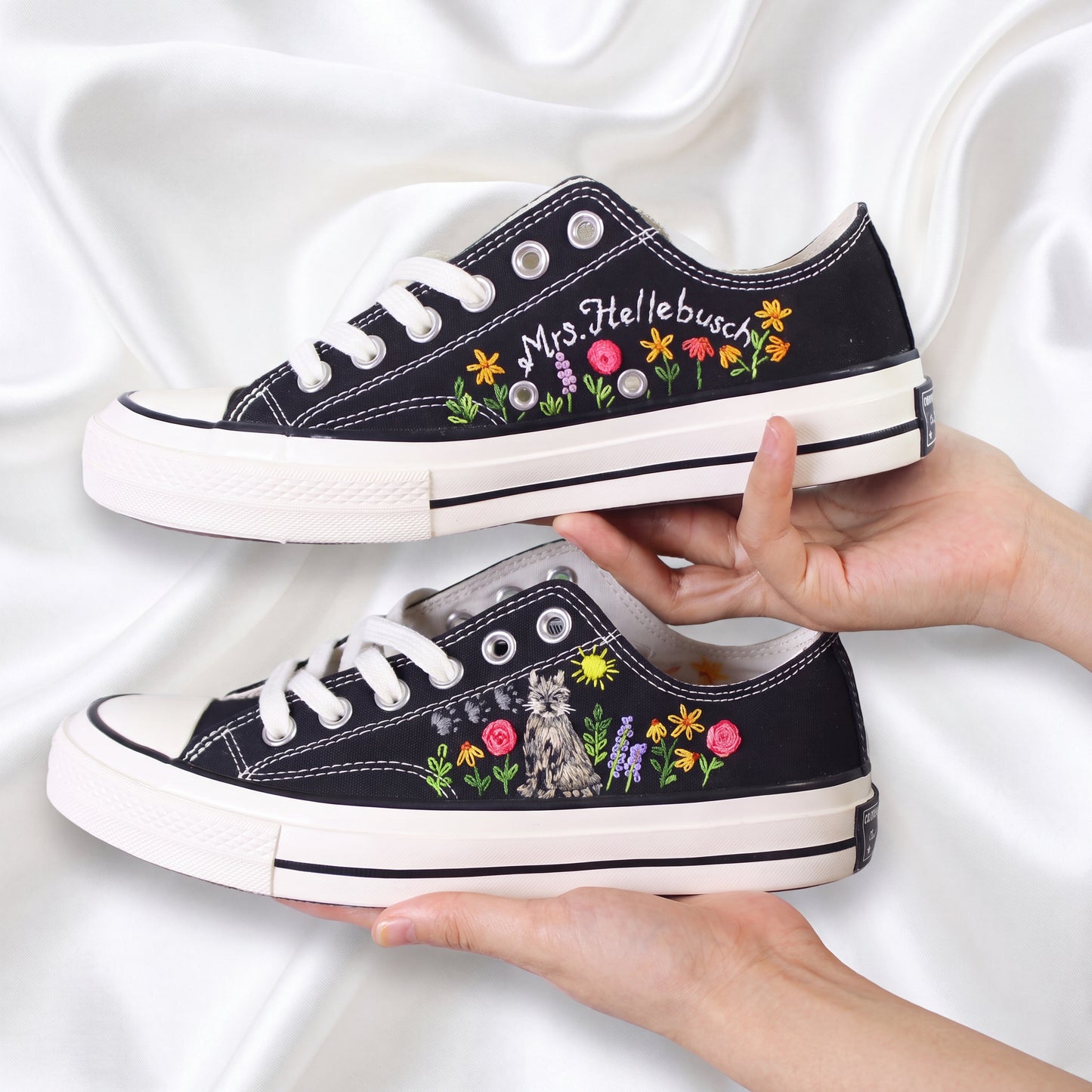 Hand Embroidered Black Low Top Converse Sneakers | Personalized Cat Floral Canvas Shoes | Custom Name Gift for Cat Lovers