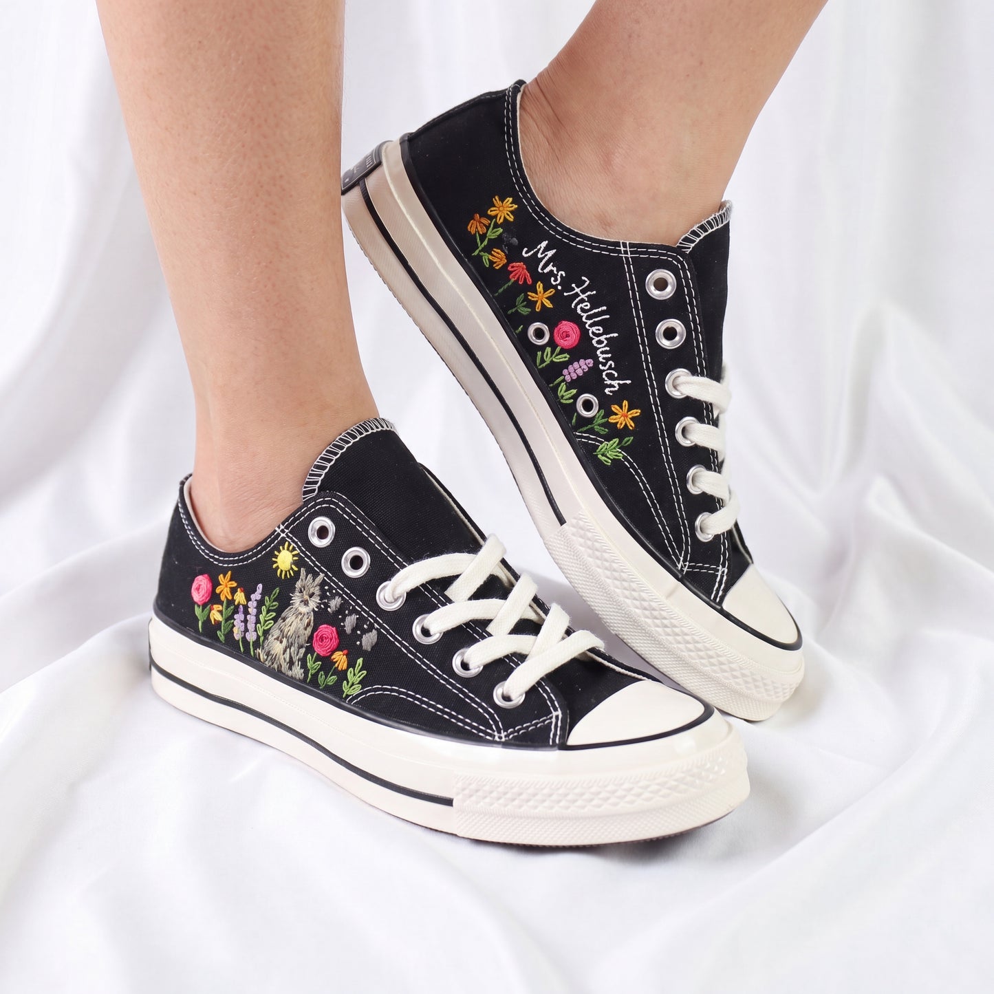 Hand Embroidered Black Low Top Converse Sneakers | Personalized Cat Floral Canvas Shoes | Custom Name Gift for Cat Lovers