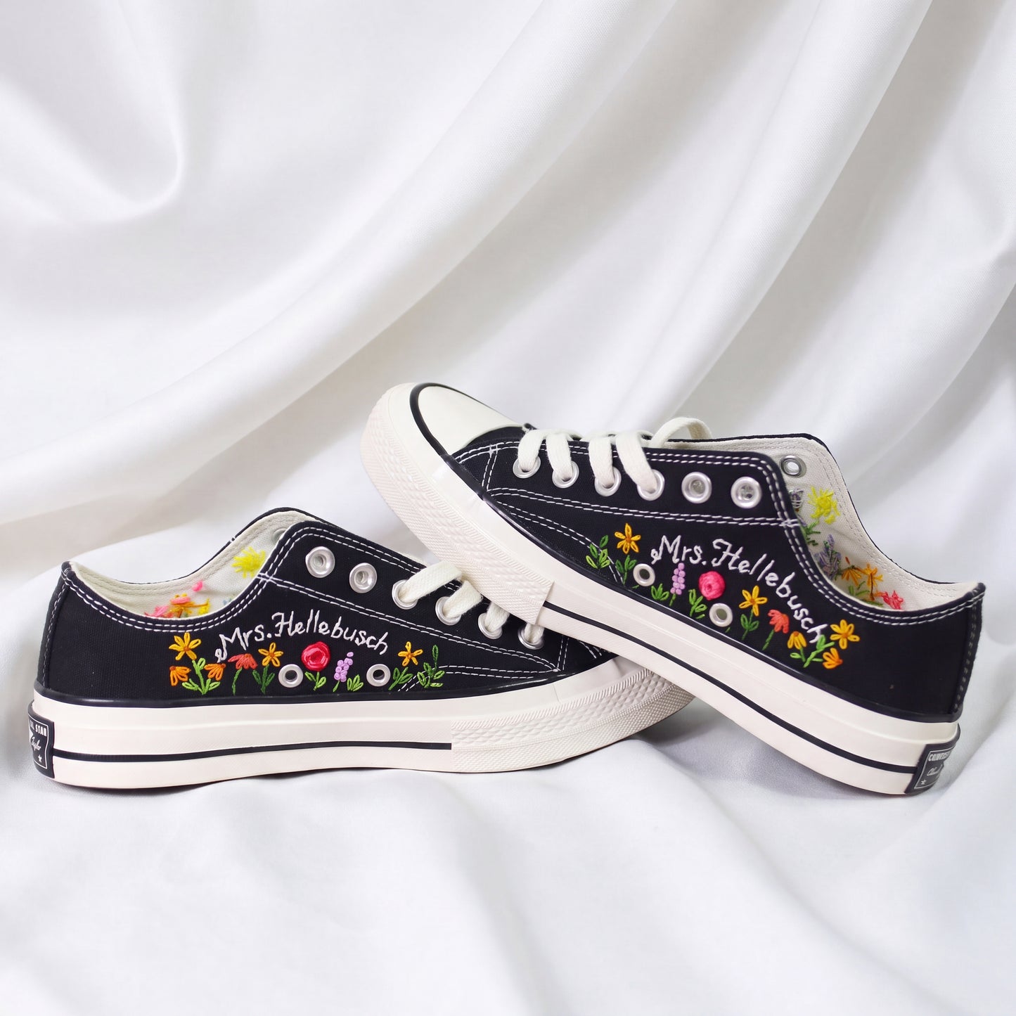 Hand Embroidered Black Low Top Converse Sneakers | Personalized Cat Floral Canvas Shoes | Custom Name Gift for Cat Lovers
