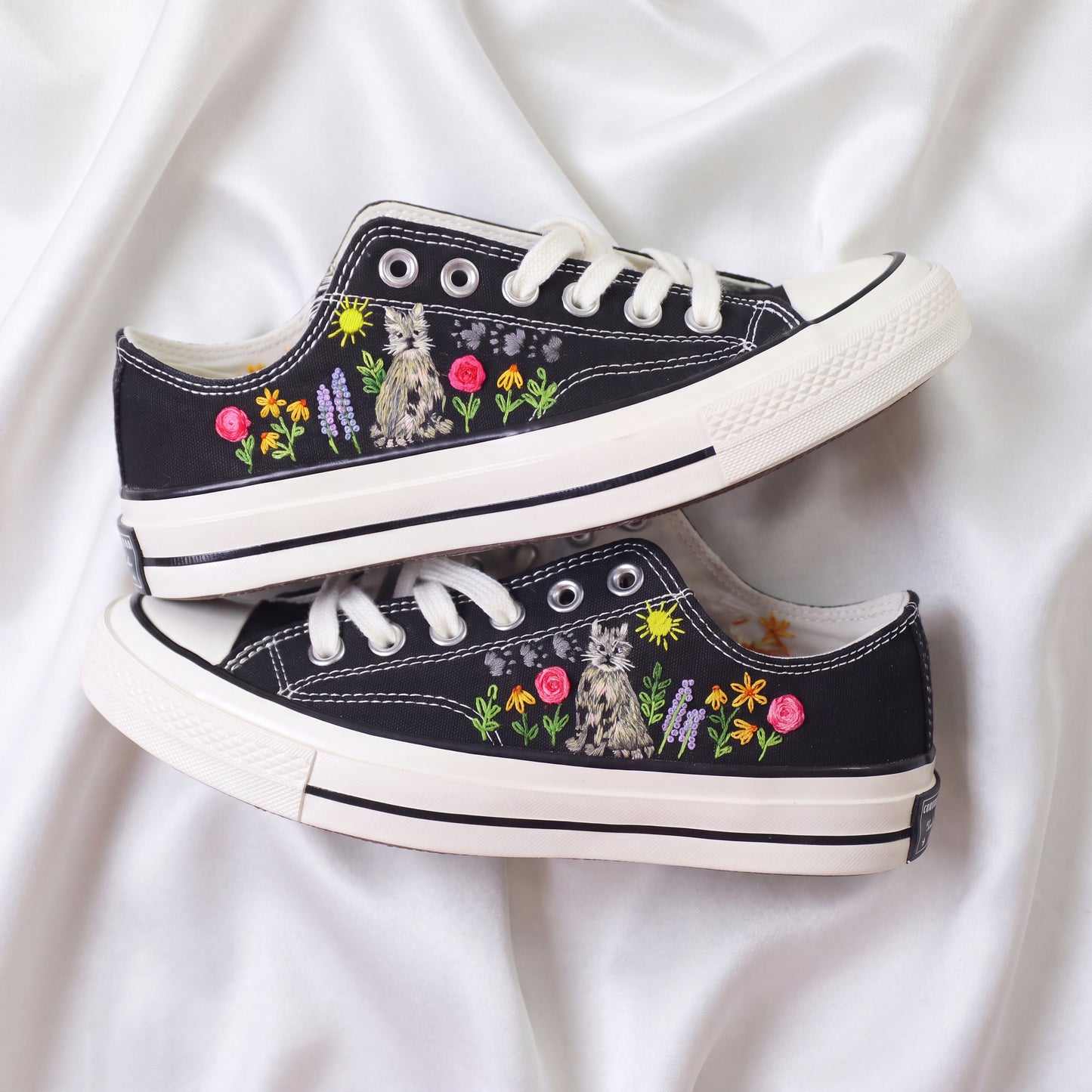 Hand Embroidered Black Low Top Converse Sneakers | Personalized Cat Floral Canvas Shoes | Custom Name Gift for Cat Lovers