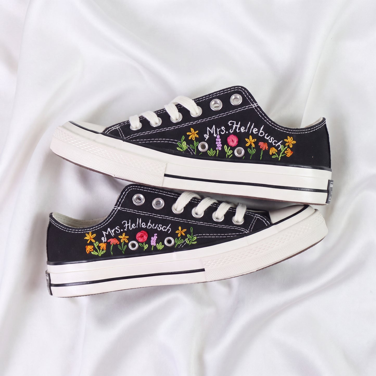 Hand Embroidered Black Low Top Converse Sneakers | Personalized Cat Floral Canvas Shoes | Custom Name Gift for Cat Lovers