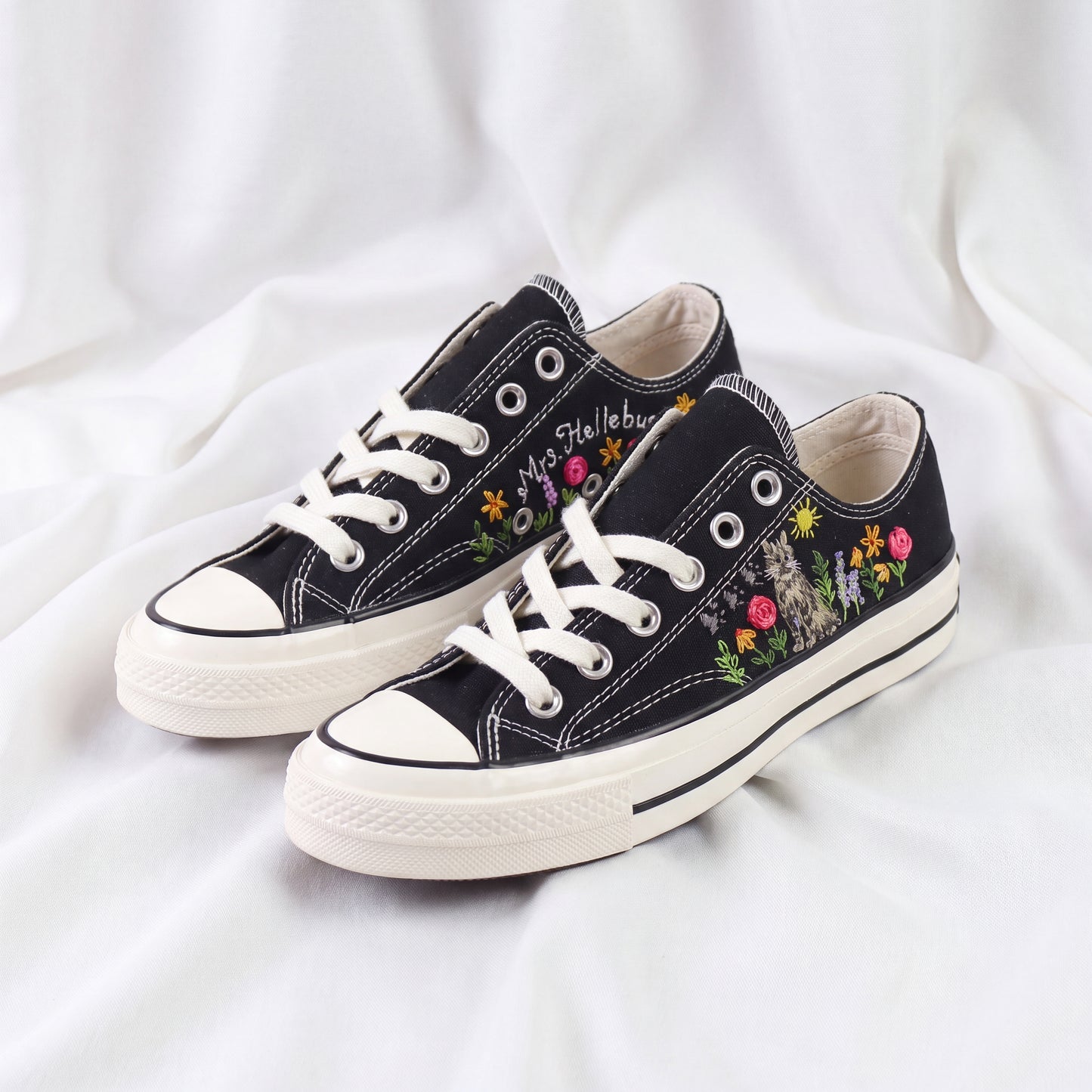 Hand Embroidered Black Low Top Converse Sneakers | Personalized Cat Floral Canvas Shoes | Custom Name Gift for Cat Lovers