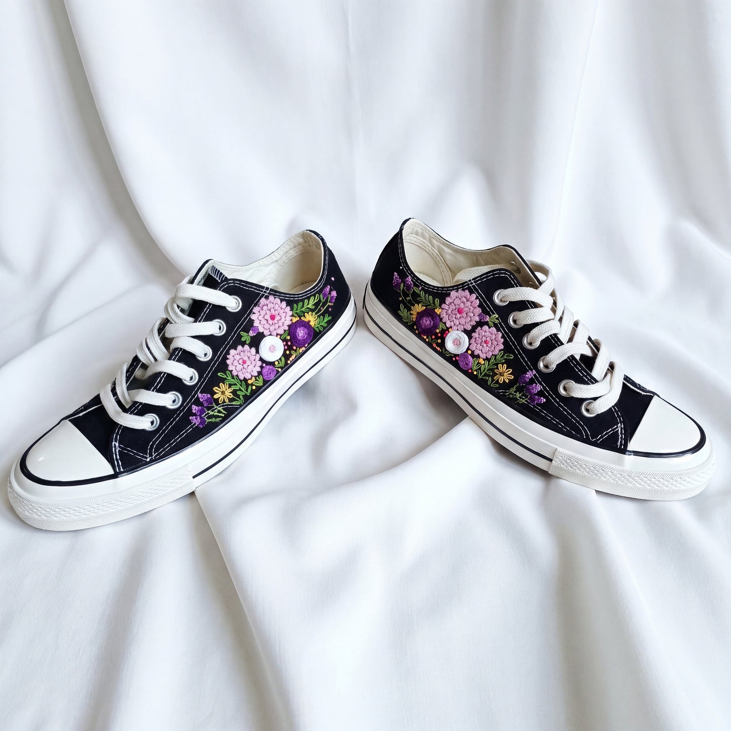 Hand Embroidered Black Low Top Converse Sneakers | Purple Floral Converse Shoes | Custom Botanical Canvas Shoes for Women