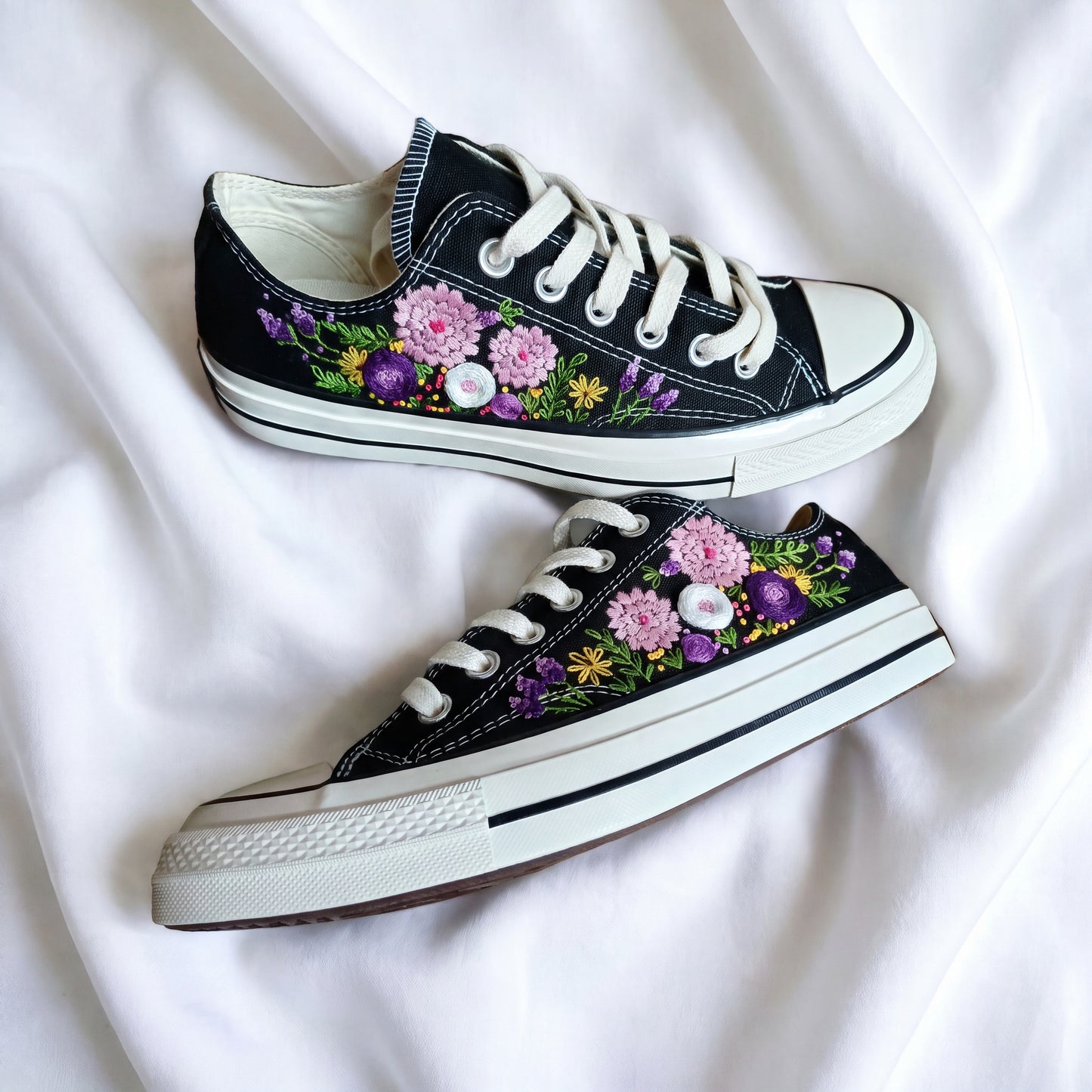 Hand Embroidered Black Low Top Converse Sneakers | Purple Floral Converse Shoes | Custom Botanical Canvas Shoes for Women