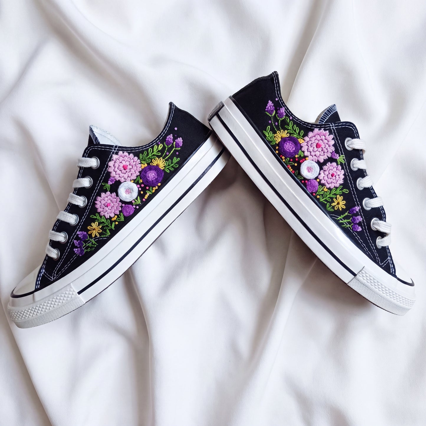 Hand Embroidered Black Low Top Converse Sneakers | Purple Floral Converse Shoes | Custom Botanical Canvas Shoes for Women