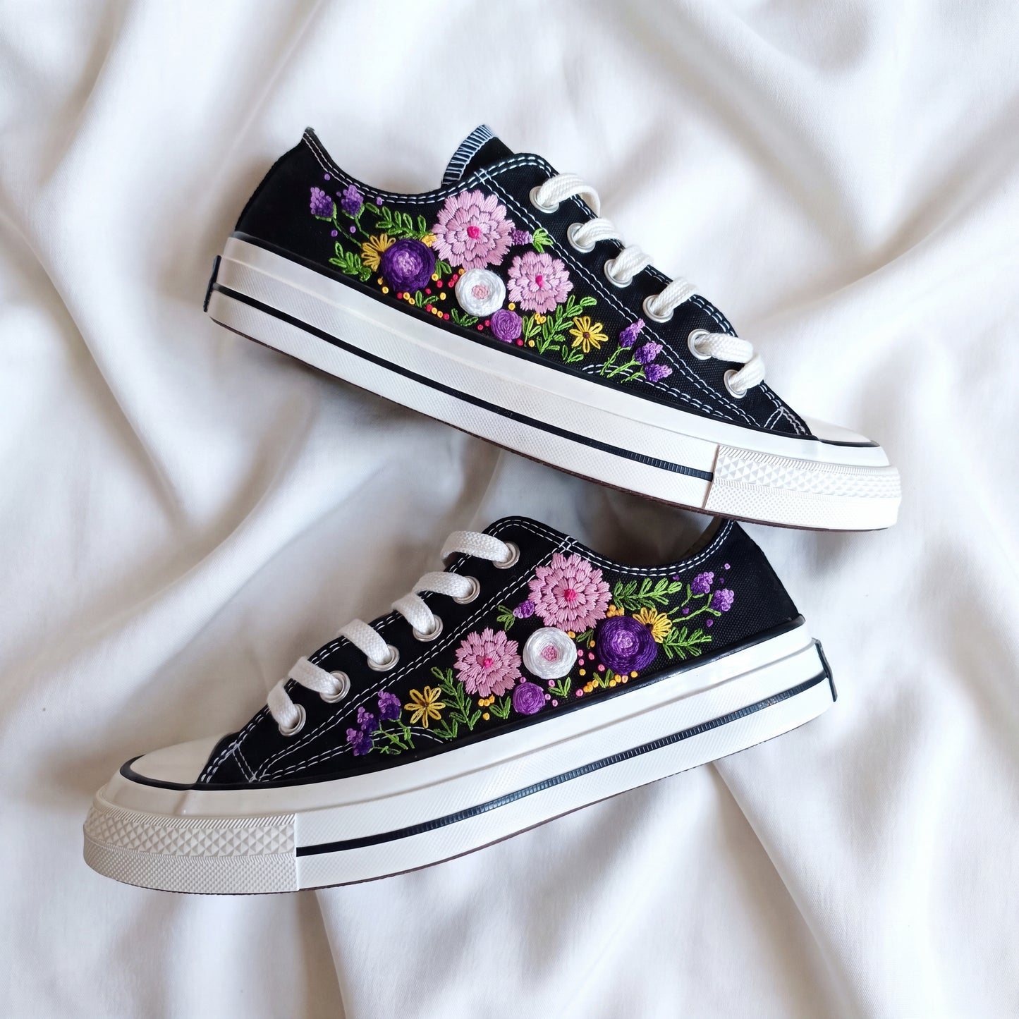 Hand Embroidered Black Low Top Converse Sneakers | Purple Floral Converse Shoes | Custom Botanical Canvas Shoes for Women