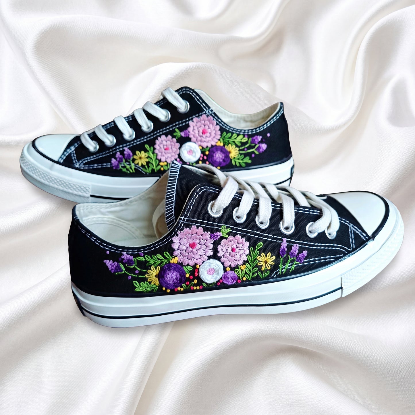 Hand Embroidered Black Low Top Converse Sneakers | Purple Floral Converse Shoes | Custom Botanical Canvas Shoes for Women