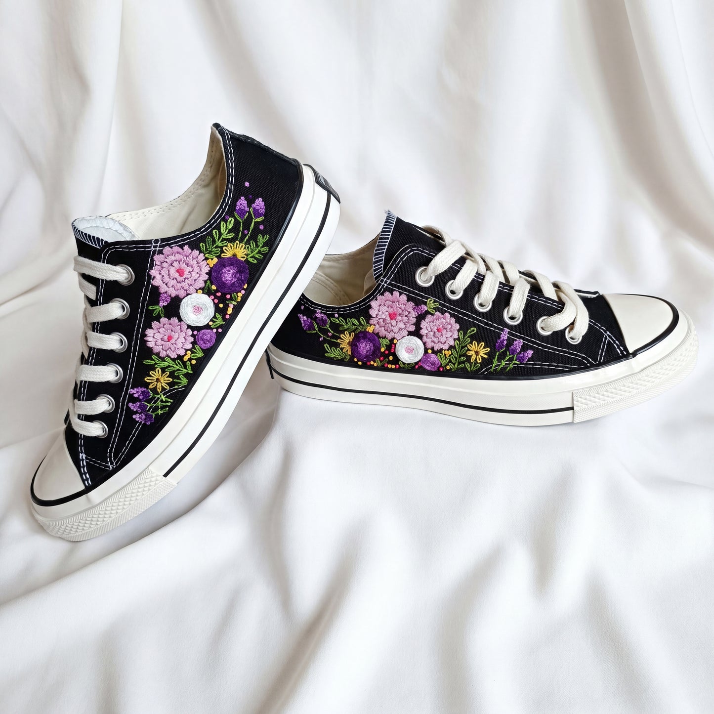 Hand Embroidered Black Low Top Converse Sneakers | Purple Floral Converse Shoes | Custom Botanical Canvas Shoes for Women