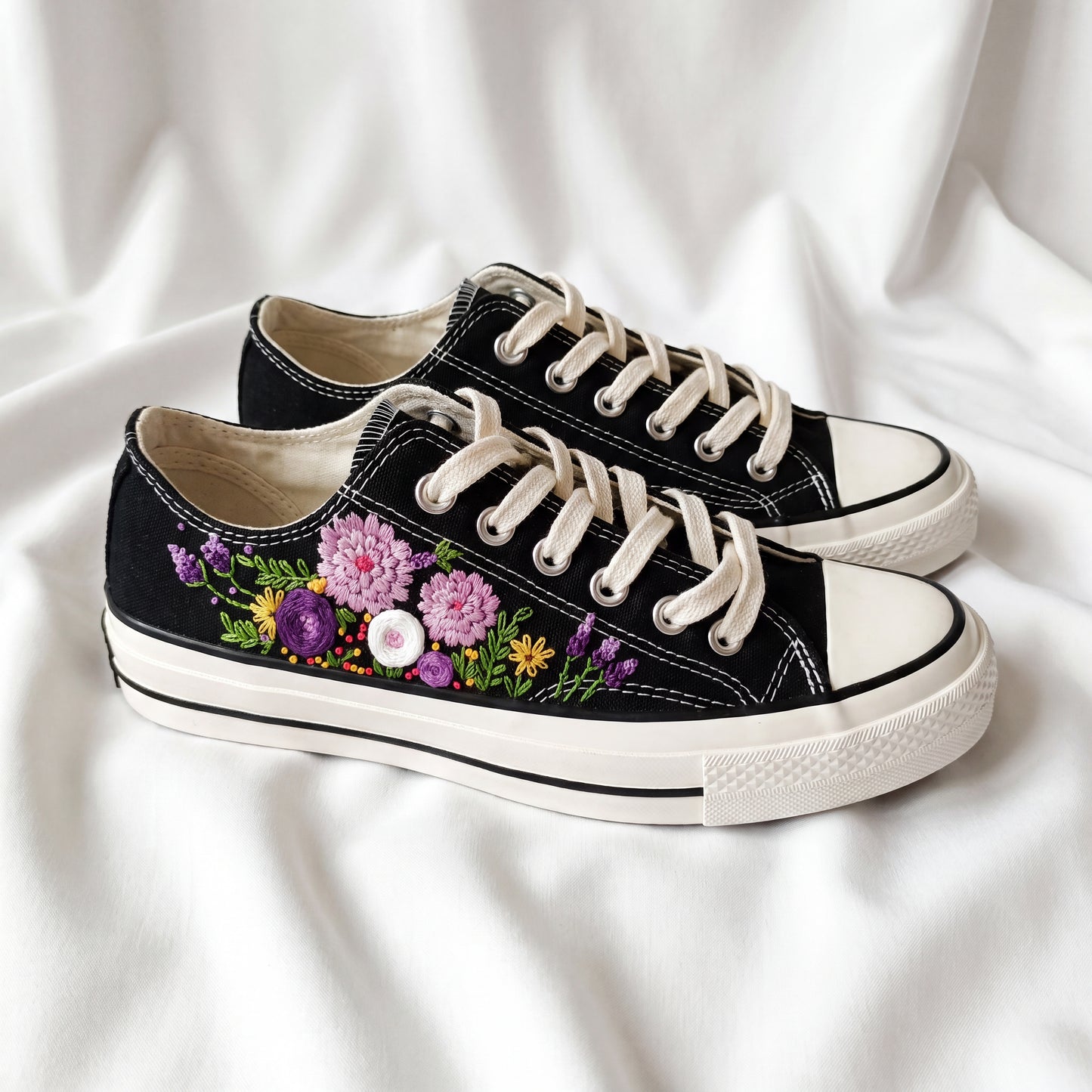 Hand Embroidered Black Low Top Converse Sneakers | Purple Floral Converse Shoes | Custom Botanical Canvas Shoes for Women