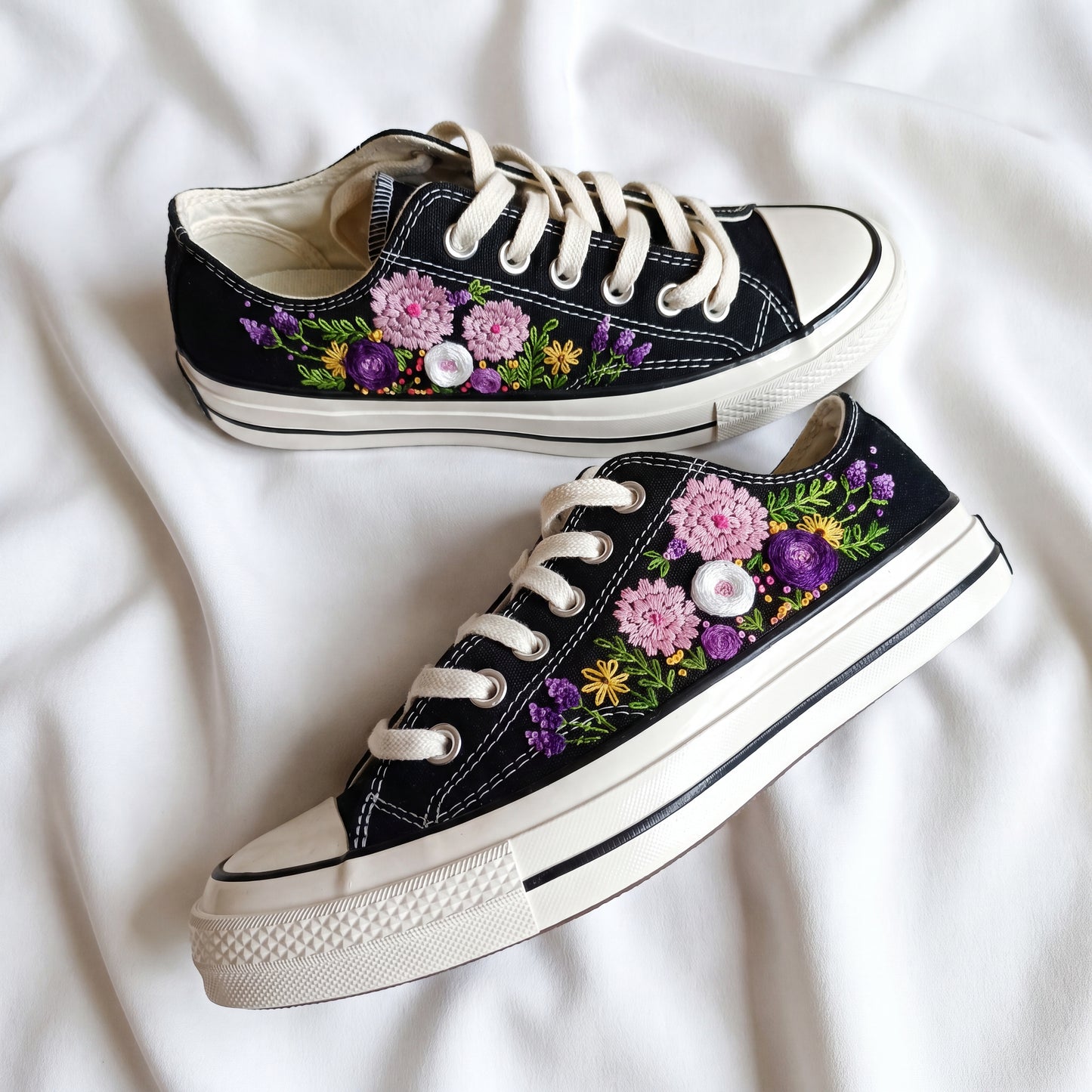 Hand Embroidered Black Low Top Converse Sneakers | Purple Floral Converse Shoes | Custom Botanical Canvas Shoes for Women
