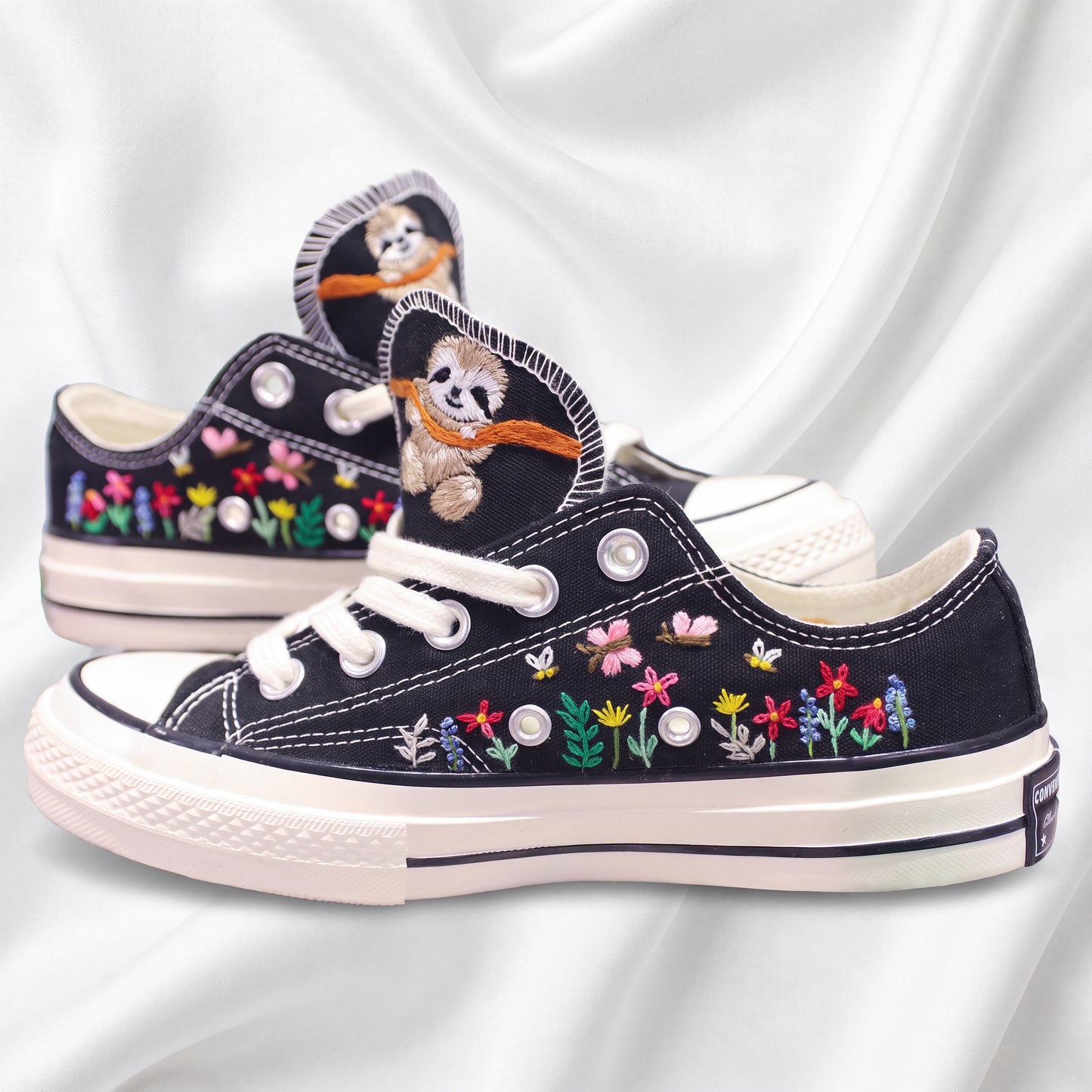 Hand Embroidered Black Low Top Converse Sneakers | Cute Sloth Canvas Shoes | Custom Animal Floral Sneakers for Women