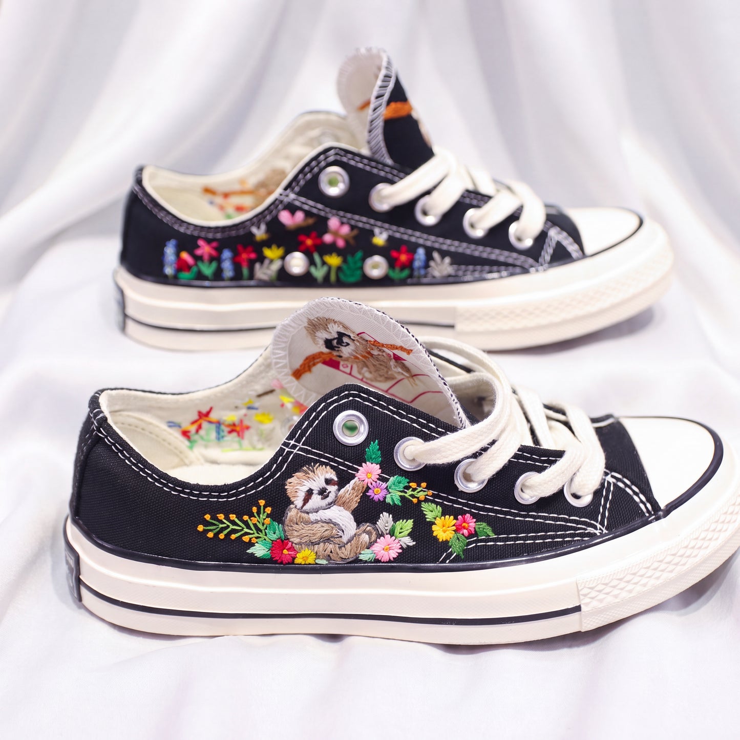 Hand Embroidered Black Low Top Converse Sneakers | Cute Sloth Canvas Shoes | Custom Animal Floral Sneakers for Women