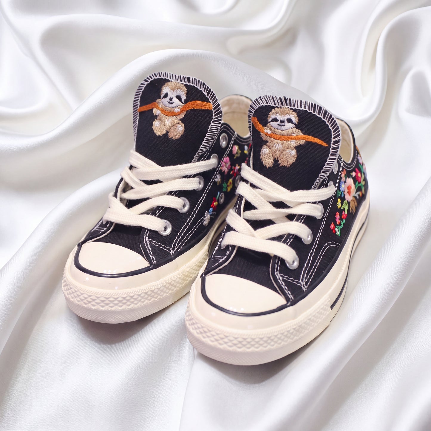 Hand Embroidered Black Low Top Converse Sneakers | Cute Sloth Canvas Shoes | Custom Animal Floral Sneakers for Women