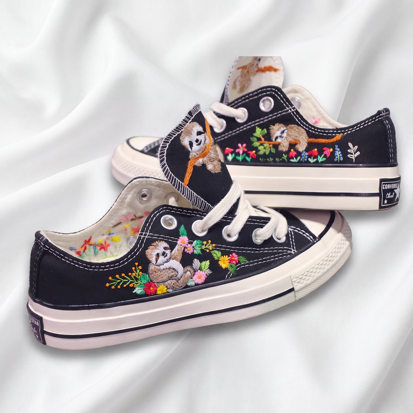 Hand Embroidered Black Low Top Converse Sneakers | Cute Sloth Canvas Shoes | Custom Animal Floral Sneakers for Women
