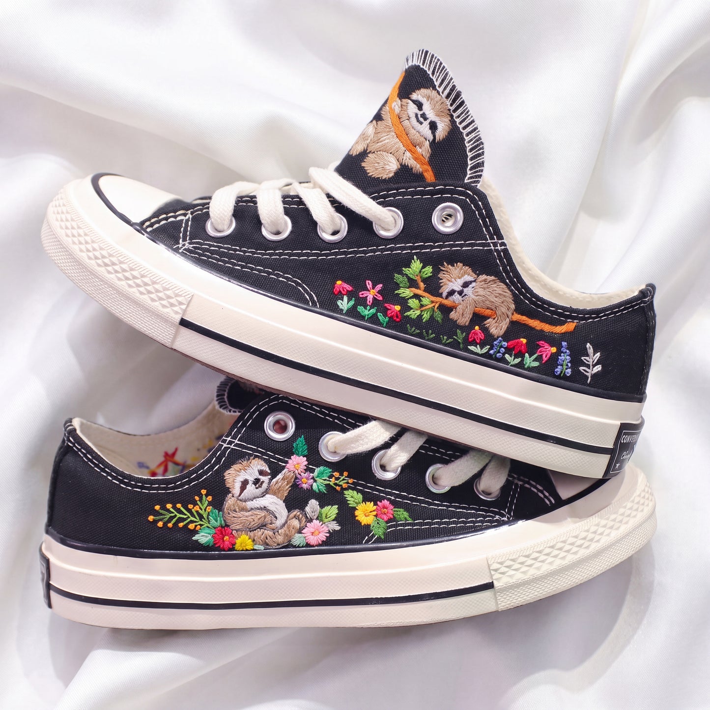 Hand Embroidered Black Low Top Converse Sneakers | Cute Sloth Canvas Shoes | Custom Animal Floral Sneakers for Women