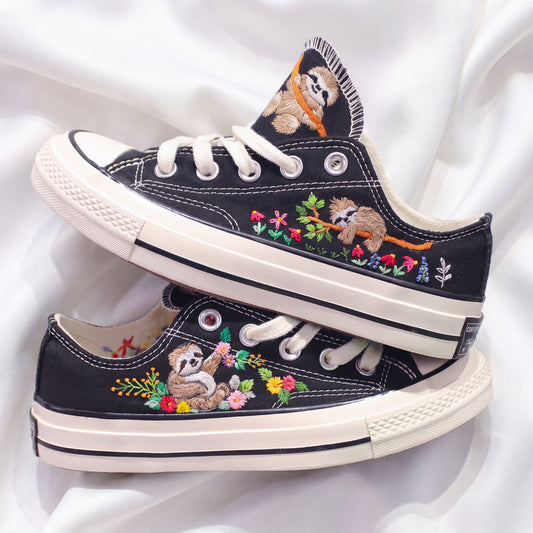 Hand Embroidered Black Low Top Converse Sneakers | Cute Sloth Canvas Shoes | Custom Animal Floral Sneakers for Women