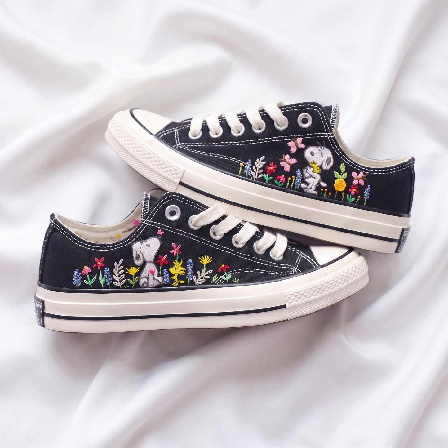 Hand Embroidered Black Low Top Converse Sneakers | Snoopy Floral Canvas Shoes | Custom Peanuts Inspired Sneakers for Women