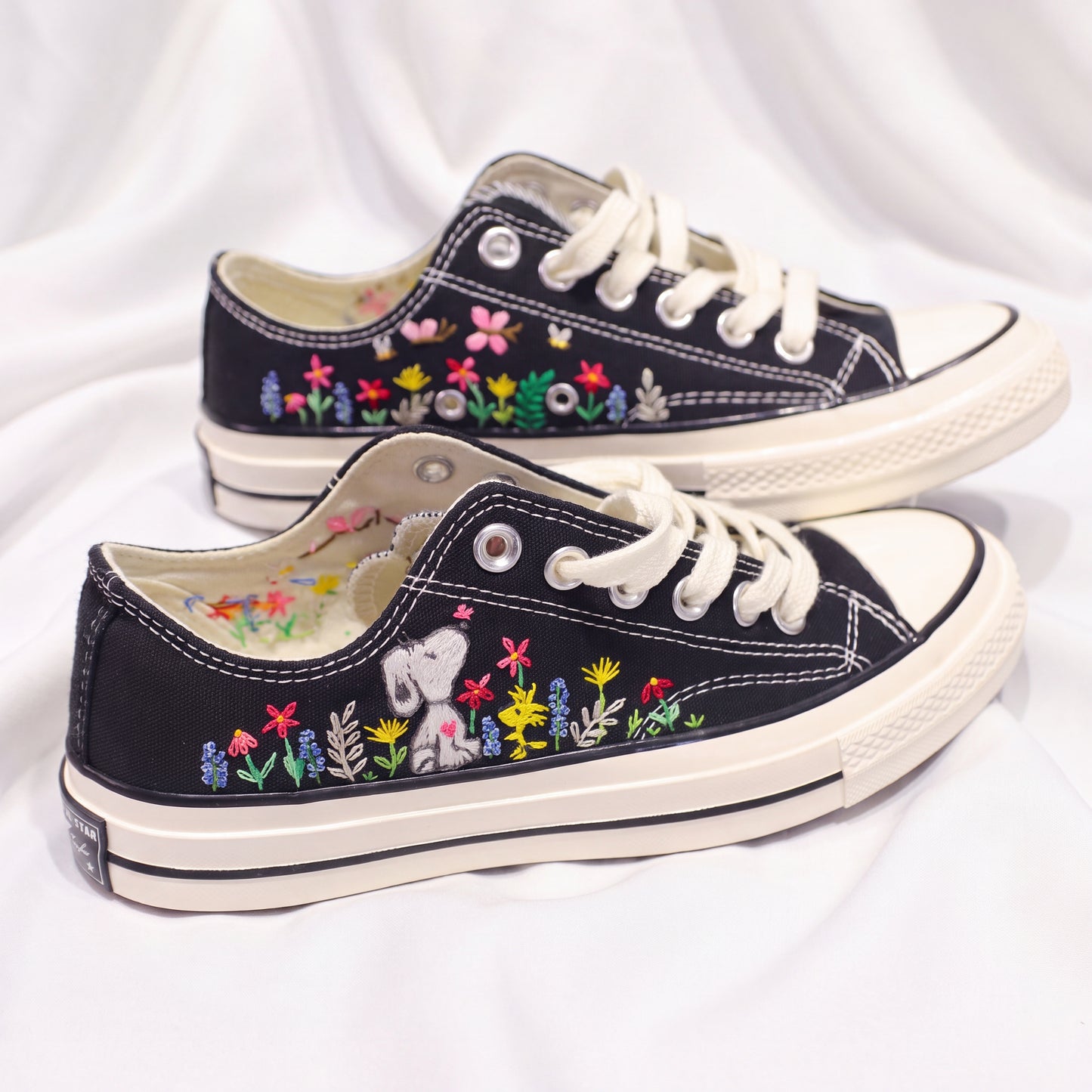 Hand Embroidered Black Low Top Converse Sneakers | Snoopy Floral Canvas Shoes | Custom Peanuts Inspired Sneakers for Women