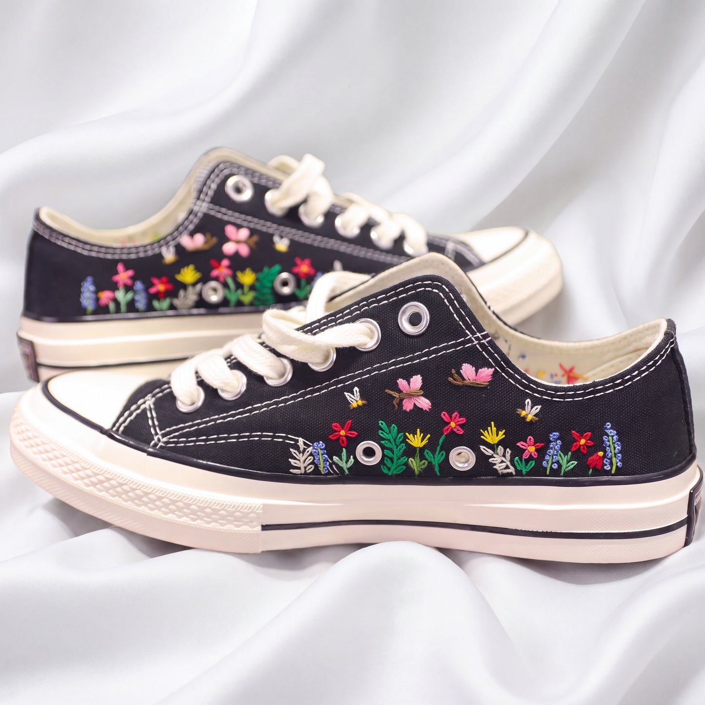 Hand Embroidered Black Low Top Converse Sneakers | Snoopy Floral Canvas Shoes | Custom Peanuts Inspired Sneakers for Women
