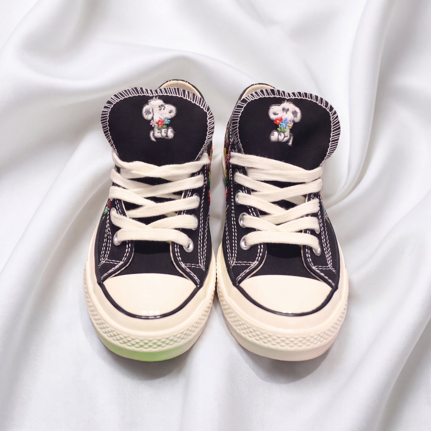 Hand Embroidered Black Low Top Converse Sneakers | Snoopy Floral Canvas Shoes | Custom Peanuts Inspired Sneakers for Women