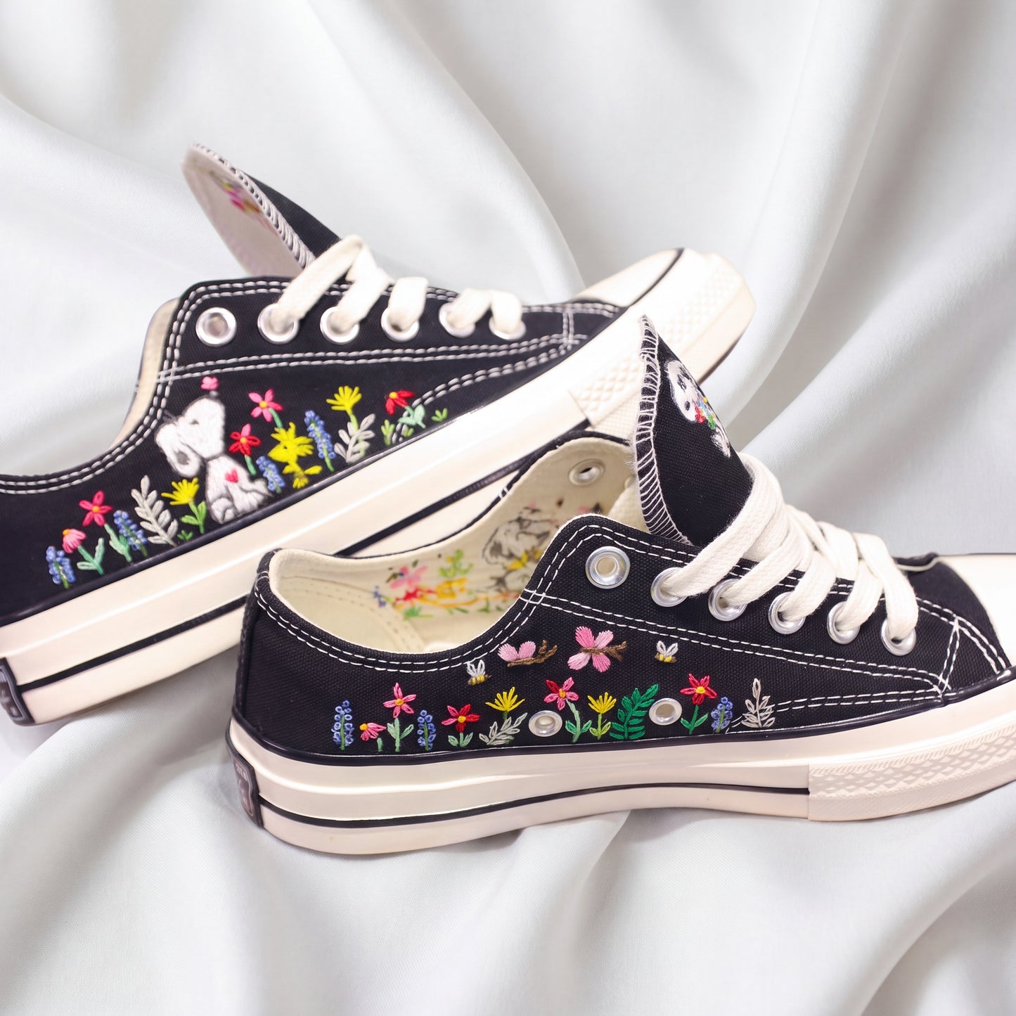 Hand Embroidered Black Low Top Converse Sneakers | Snoopy Floral Canvas Shoes | Custom Peanuts Inspired Sneakers for Women