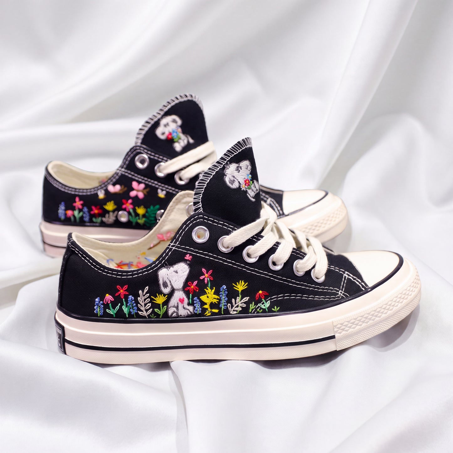 Hand Embroidered Black Low Top Converse Sneakers | Snoopy Floral Canvas Shoes | Custom Peanuts Inspired Sneakers for Women