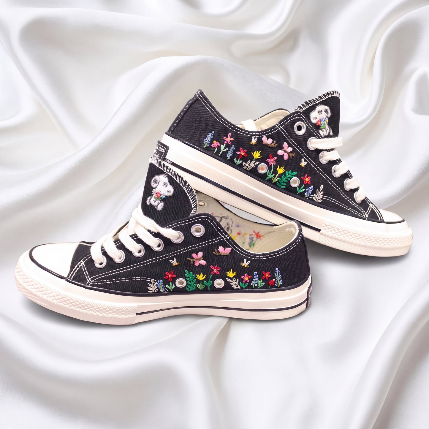 Hand Embroidered Black Low Top Converse Sneakers | Snoopy Floral Canvas Shoes | Custom Peanuts Inspired Sneakers for Women