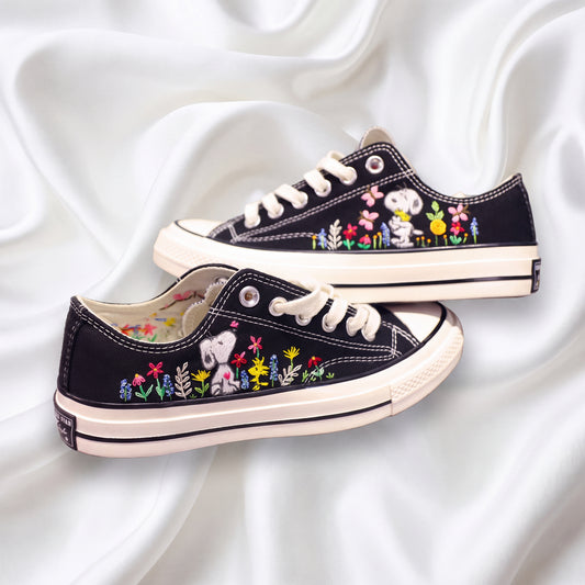 Hand Embroidered Black Low Top Converse Sneakers | Snoopy Floral Canvas Shoes | Custom Peanuts Inspired Sneakers for Women
