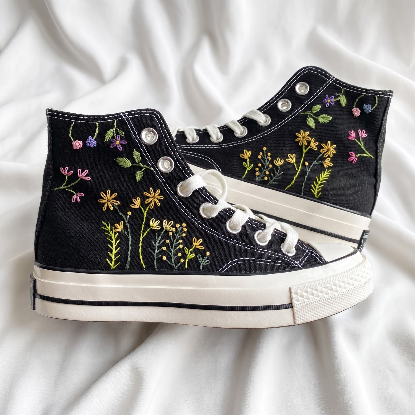 Hand Embroidered Wildflower Converse High Top Sneakers | Custom Black Converse Shoes | Botanical Floral Canvas Shoes | Handmade Gift for Women