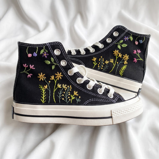 Hand Embroidered Wildflower Converse High Top Sneakers | Custom Black Converse Shoes | Botanical Floral Canvas Shoes | Handmade Gift for Women