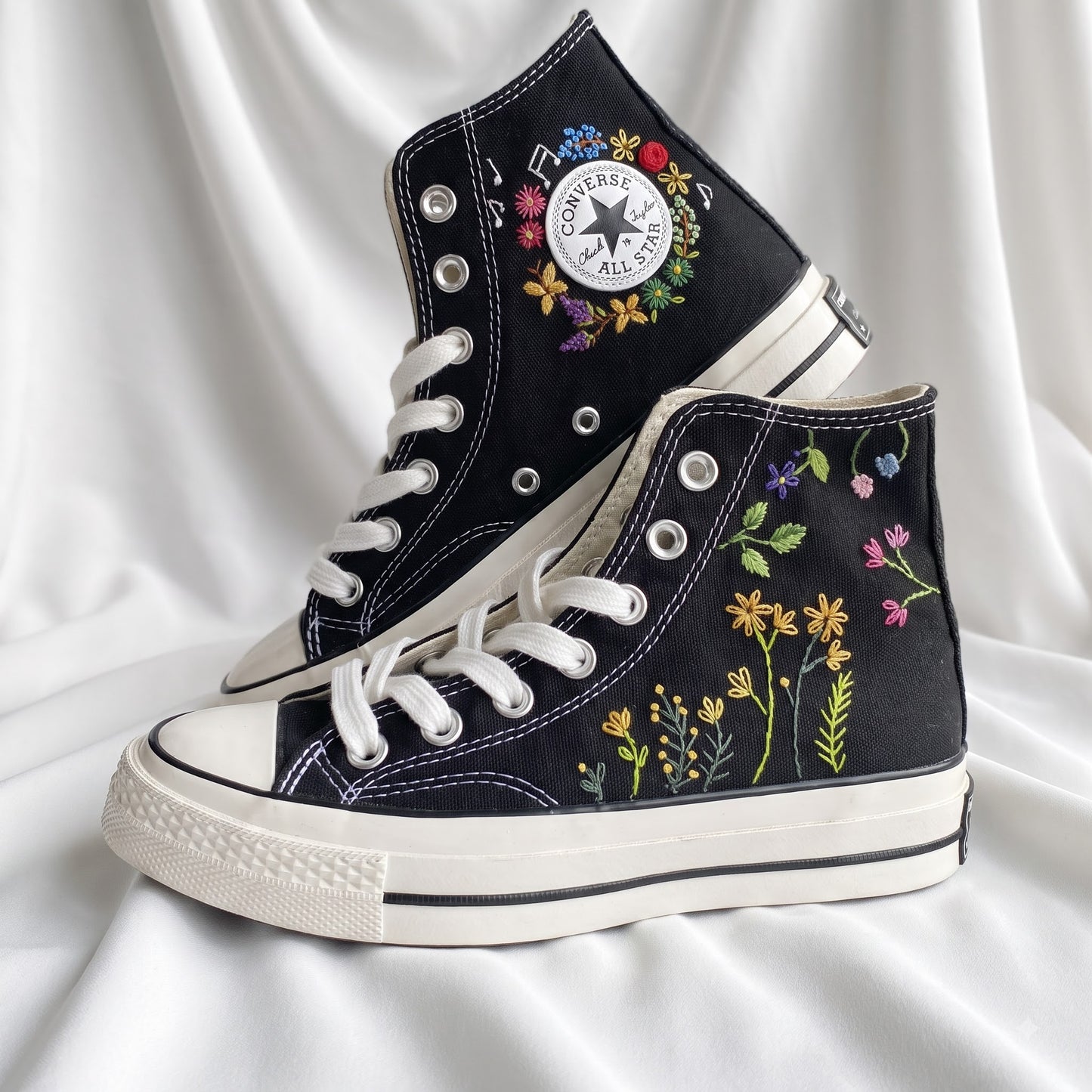 Hand Embroidered Wildflower Converse High Top Sneakers | Custom Black Converse Shoes | Botanical Floral Canvas Shoes | Handmade Gift for Women