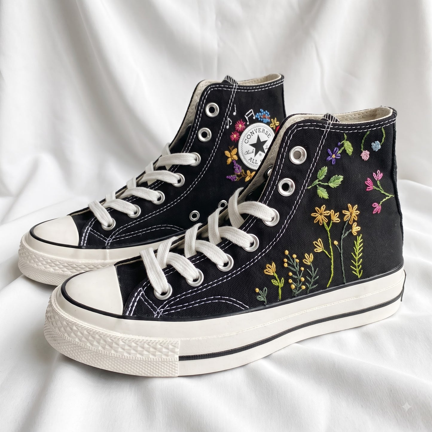 Hand Embroidered Wildflower Converse High Top Sneakers | Custom Black Converse Shoes | Botanical Floral Canvas Shoes | Handmade Gift for Women
