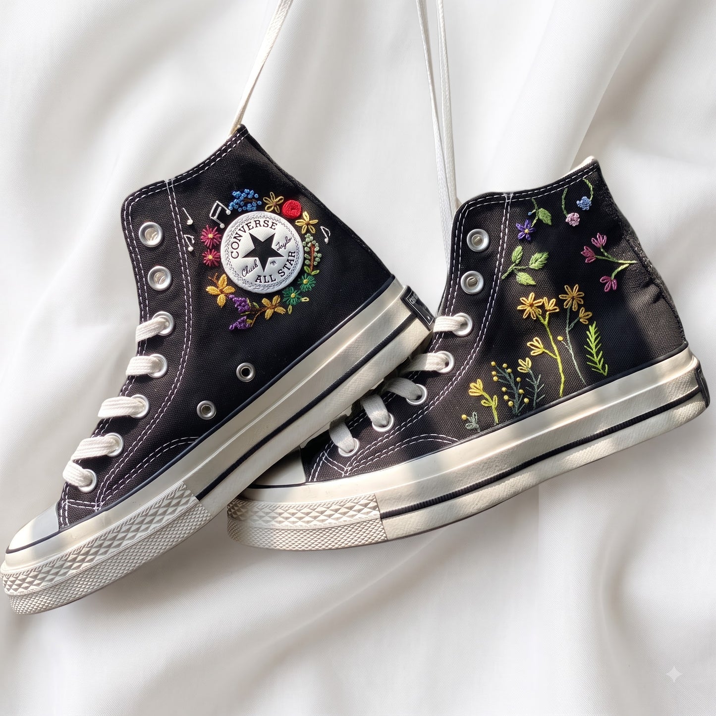 Hand Embroidered Wildflower Converse High Top Sneakers | Custom Black Converse Shoes | Botanical Floral Canvas Shoes | Handmade Gift for Women