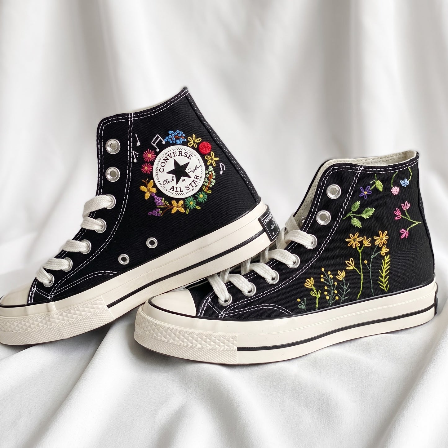 Hand Embroidered Wildflower Converse High Top Sneakers | Custom Black Converse Shoes | Botanical Floral Canvas Shoes | Handmade Gift for Women