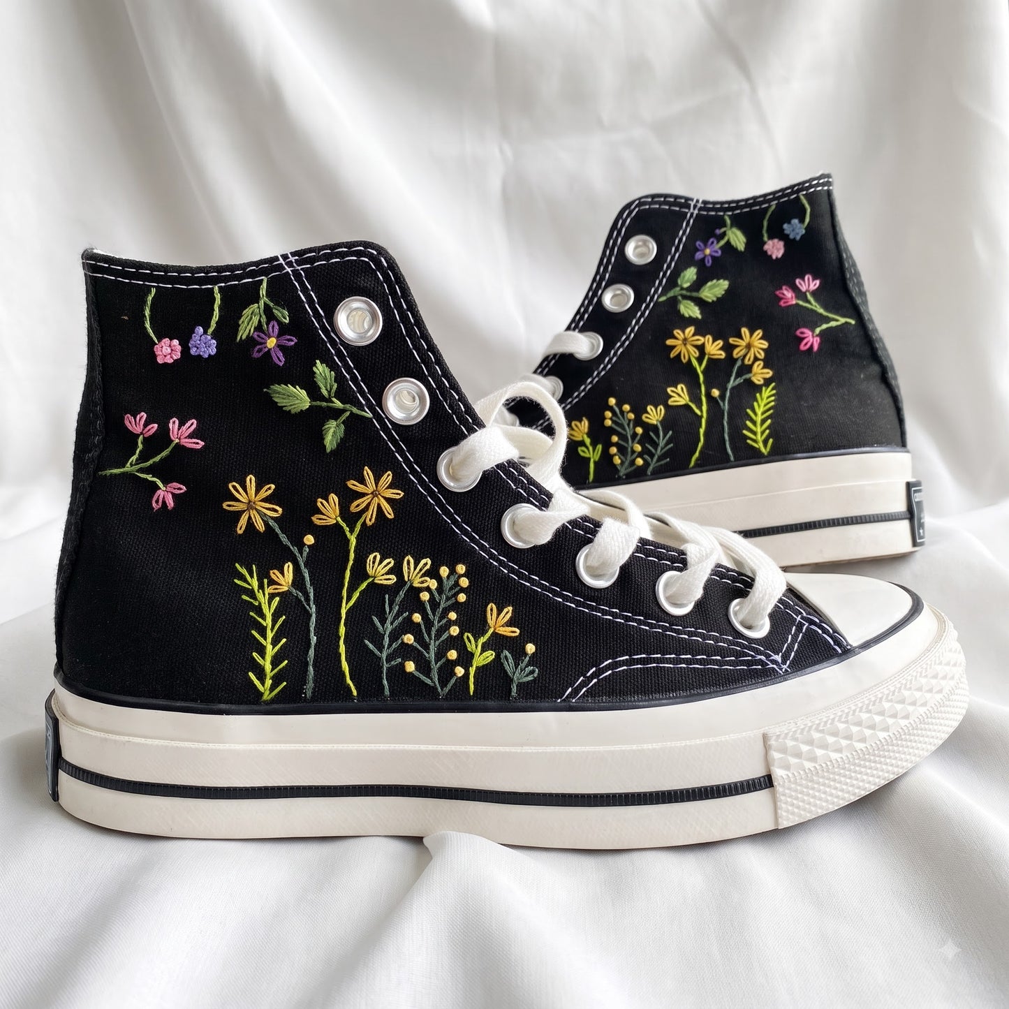 Hand Embroidered Wildflower Converse High Top Sneakers | Custom Black Converse Shoes | Botanical Floral Canvas Shoes | Handmade Gift for Women