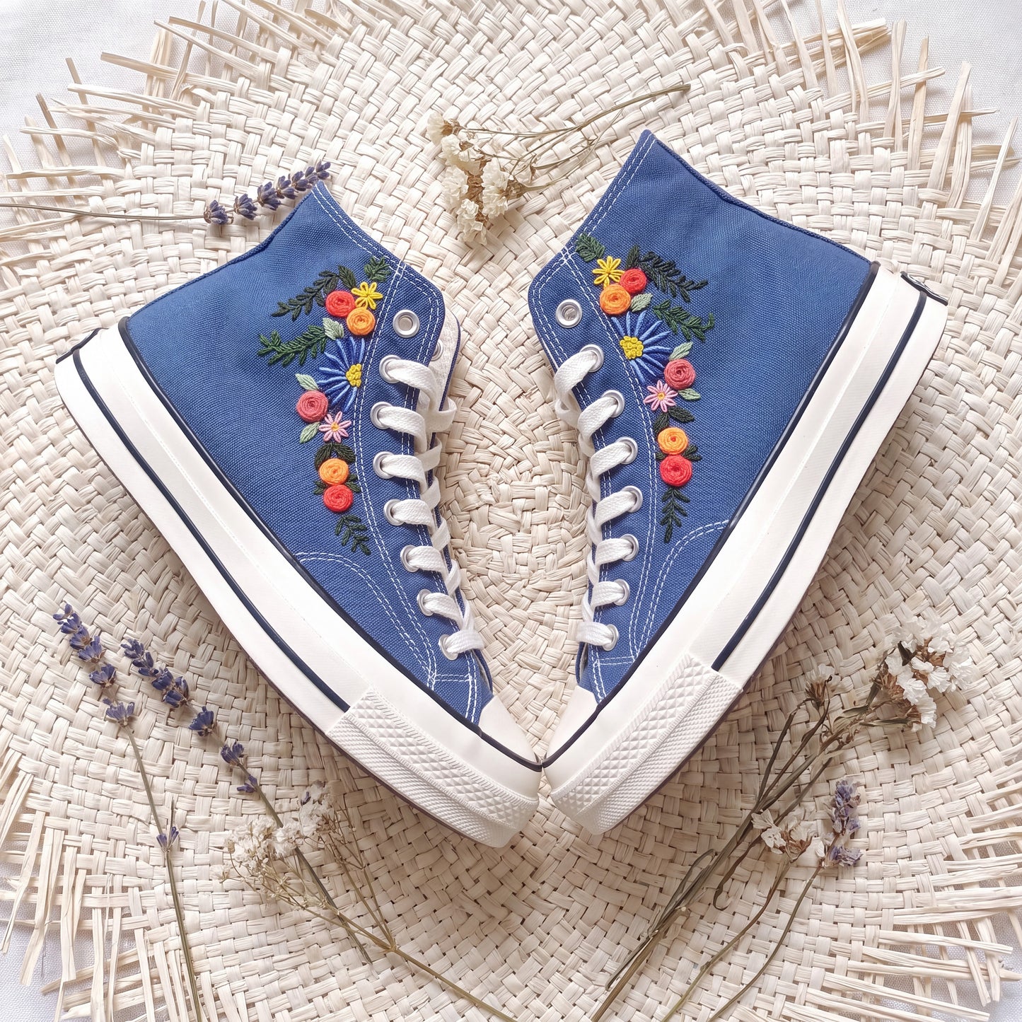 Hand Embroidered Floral Converse High Top Sneakers | Custom Blue Floral Converse Shoes