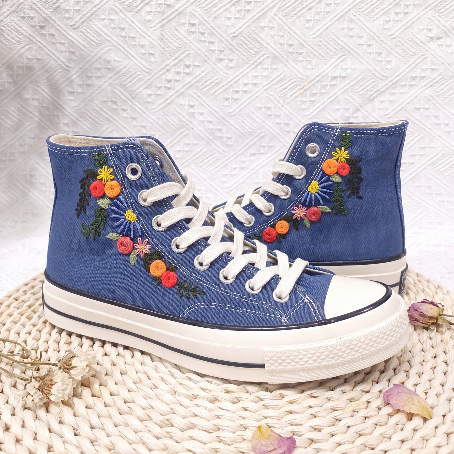 Hand Embroidered Floral Converse High Top Sneakers | Custom Blue Floral Converse Shoes