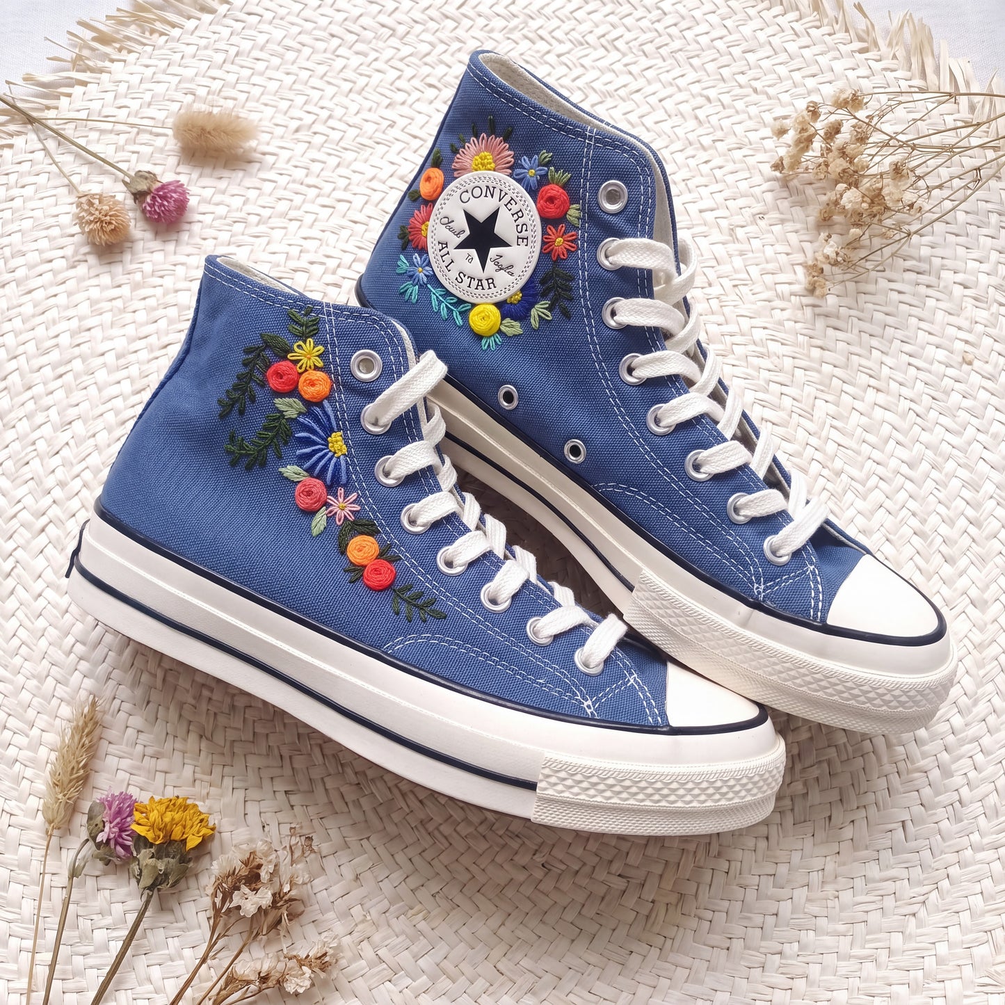 Hand Embroidered Floral Converse High Top Sneakers | Custom Blue Floral Converse Shoes