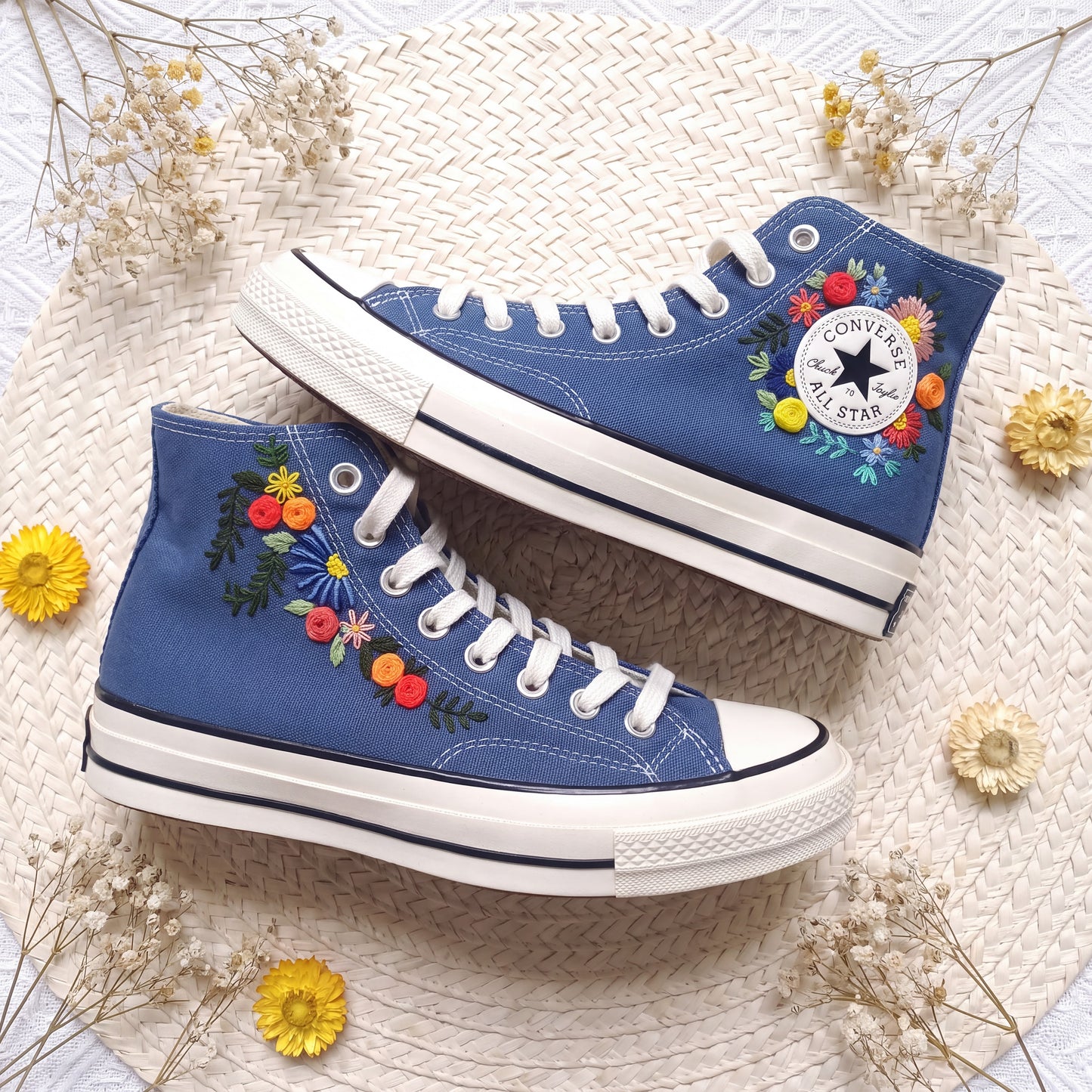 Hand Embroidered Floral Converse High Top Sneakers | Custom Blue Floral Converse Shoes