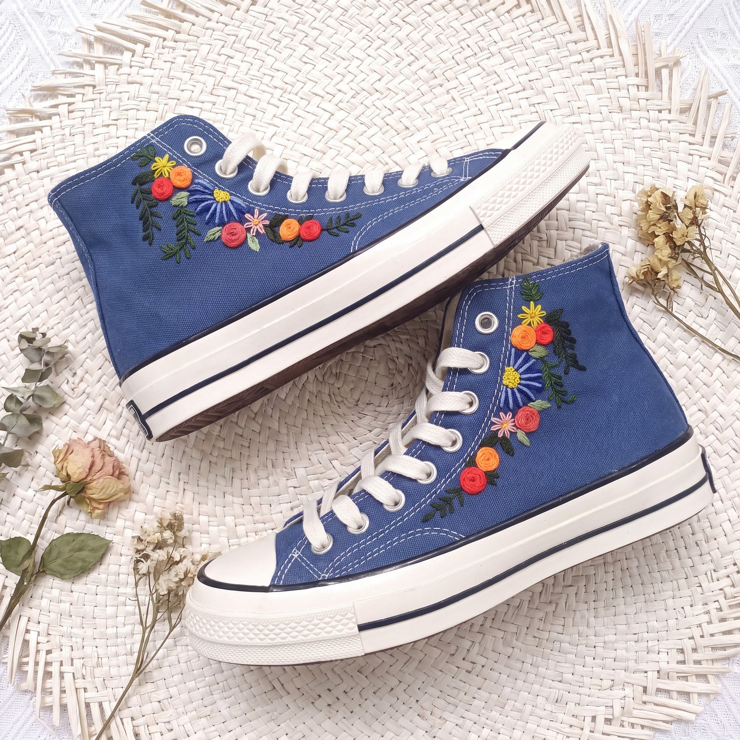 Hand Embroidered Floral Converse High Top Sneakers | Custom Blue Floral Converse Shoes