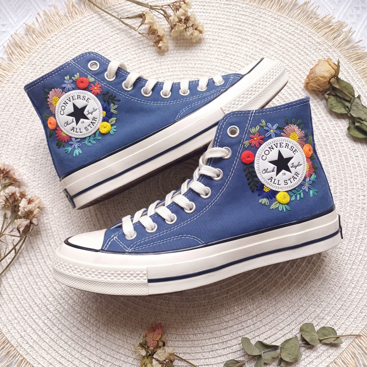 Hand Embroidered Floral Converse High Top Sneakers | Custom Blue Floral Converse Shoes
